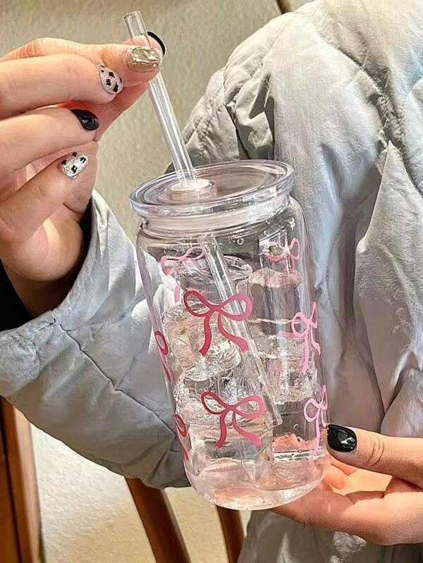 Large Capacity Plastic Cup With Lid And Straw, Bow Decor