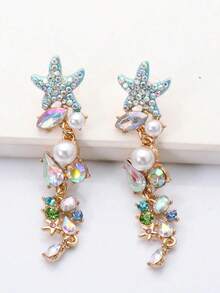 Juran 1pair Starfish Shaped Pearl & Rhinestone Earrings For Women Beach Jewellery - 彩色 - 查看 3