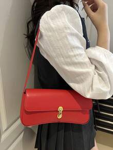 Fashionable, Minimalist, Casual PU Flap Underarm Bag. Suitable For Shopping, Wallet, Student, Young Women, Career Women. Ideal For Office, University, Work, Business, Commuting, Outdoor Activities, Travel And Picnic. Vintage Faux Oilskin Flap Decor Women's Shoulder Underarm Bag, Suitable For Dates, Outings, Gatherings - Red - View 7