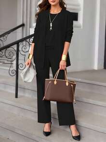 3 قطع طقم ملابس كاجوال للمرأة البدينة: جاكيت/كارديجان + ملابس علوية بياقة مستديرة بدون أكمام + بنطلون ذو خصر مطاطي وساق مستقيمة، قماش ناعم مطاطي، فضفاض، مريح للتنقل، مناسب للربيع/الخريف/الشتاء - الأسود - مشاهدة 3