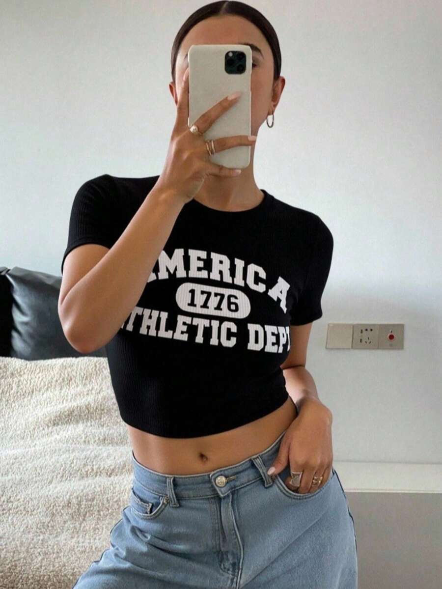 Camisata corta con estampado de letra para mujer sexy Letras Casual Ninguno Playa - Negro - Ver 1