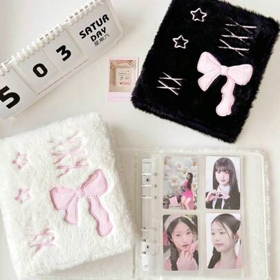 Álbum de fotos con lazo de estilo ballet A6, páginas sueltas, álbum de tarjetas pequeñas con diseño de estrellas, 1 pieza de portador de tarjetas de fotos con lazo y estrella de peluche estilo Kpop, titular de tarjetas de fotos lindo A6 de 6 anillos, libro de recolección de tarjetas Kpop con 10 páginas interiores y 4 bolsillos para tarjetas