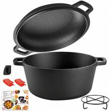 2-In-1 Pre-Seasoned Cast Iron Dutch Oven Pot With Skillet Lid Cooking Pan, Cast Iron Skillet Cookware Pan Set With Dual Handles Indoor Outdoor For Bread, Frying, Baking, Camping, BBQ, 5QT - màu đen - Xem 3