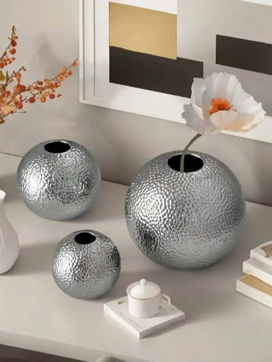 Round Ball Vase Home Living Room Desktop Decoration Ornament Light Luxury Premium Hammer Pattern Round Ball Flower Arrangement Container Gold Silver Ins Style Ornament Vase Home Soft Decoration Round Ball Ornament Sample Room Living Room TV Cabinet Decoration Decoration Decoration Home Decor Room Decor Flower Vase Glass Vase - Silver - View 1