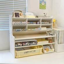 Upgraded Thickened Double Heightened Desktop Organizer, Dormitory Office Storage Box, Cosmetic Books Stationery Organizer, Space Saving Modern Design Durable - White/Small - View 2