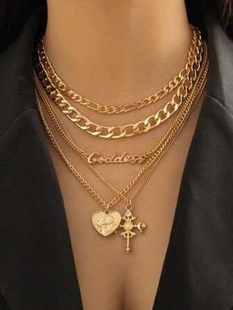 5pcs Retro Multi-Layer Heart Shaped Relief Figure & Cross Pendant Necklace Valentines,Mom,Mother,Mother's Day,Gift