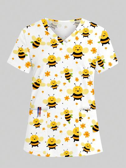 cimmuovere Áo phẫu thuật y tá cổ chữ V tay ngắn rộng rãi in họa tiết dễ thương có hai túi dành cho nữ, đồ bảo hộ lao động cho nha sĩ, chăm sóc sức khỏe thú cưng, bệnh viện, phòng thí nghiệm