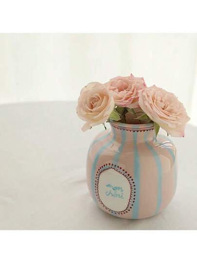 1pc painted Asymmetrical Ceramic Flower Vase, Roze Groen Heart Pattern Home Accessory Room Glass Vase view 10