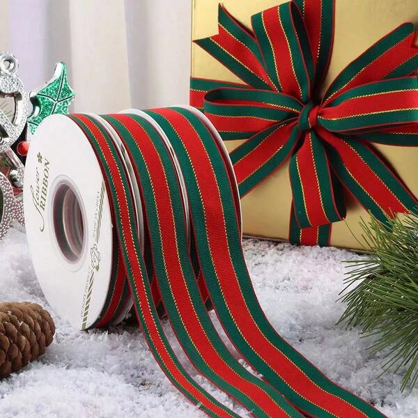 1pc Christmas Ribbon, Red & Green Striped Paper Ribbon, Cake Gift Box Packaging Tie, DIY Holiday Decor Strap