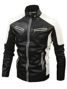 Motorcycle Style Leather Jacket For Men, Men's Stand Collar Zipper Jacket, High Quality PU Leather Material, Versatile Jacket For Spring And Autumn Fashion,Fleece,Winter - Black and White - View 5