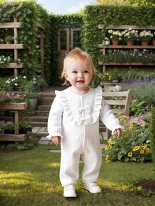 MommBaby Baby Girls' Romper With Bow, Ruffle Trim, Button Front, Long Sleeve, Simple Casual Christening Outfit