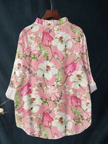 大码女式印花长袖休闲亚麻质感衬衫（随机印花图案）春季 - 粉花 - 查看 2