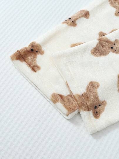 1pc Schattige Apricot Teddy Bear Print Thermal Lined Zachte Com Tafel Flannel Fluffy Pajama Pants, Cozy view 4