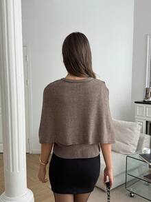 FOR BEAUTY 春夏新款棕色圆领单排扣斗篷式针织开衫毛衣，时尚优雅简约，宽松百搭，适合约会、外出、通勤等场合，春季针织外套 - 棕色 - 查看 5