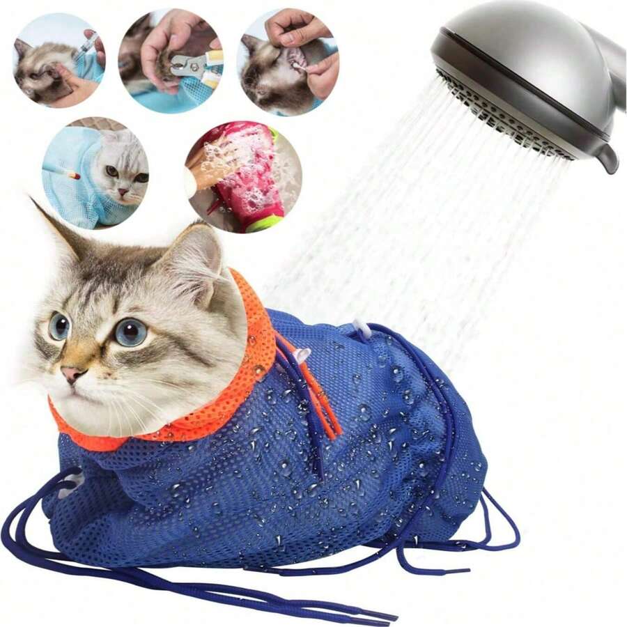 宠物洗澡袋可调节多功能涤纶便携式宠物美容袋猫洗澡袋网状猫美容淋浴袋可调节猫咪清洗袋猫浴清洁袋防抓宠物指甲修剪