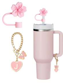 3 件/2 件适用于 30-40 盎司杯子的配件、粉色字母杯标记和硅胶芙蓉花吸管盖、硅胶防滑防刮保护套、可重复使用的 10 毫米大直径吸管吸管盖、适合现代简约玻璃杯的可爱字母装饰