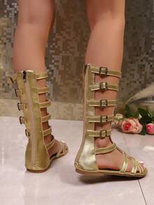 女士夏季时尚纯色奢华优雅拉链后跟镂空平底凉鞋，户外罗马风休闲舒适凉鞋，沙滩鞋 - 金色 - 查看 4