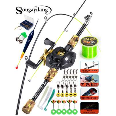SOUGAYILANG Combo de caña de pescar telescópica de 1,5 m y carrete - Carrete de lanzado con relación de engranaje 7.2:1, kit de pesca portátil para pesca de agua salada y agua dulce | Regalo ideal para principiantes, incluye líneas de pesca y accesorios de señuelos de colores surtidos