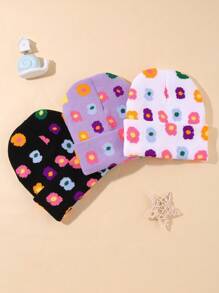3pcs Knitted Hat With Floral Pattern For Boys And Girls; Suitable For Daily Casual Wear In Spring, Autumn And Winter To Keep Warm. - Multicolor - View 1