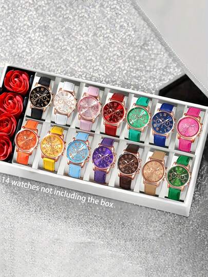 1/14 Stücke Damen PU-Lederarmband Minimalistische Drei-Augen Römische Skala Zifferblatt Quarz Uhr Set, Geschenk für Liebhaber (ohne Verpackung)
