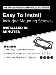 1个/2个装男女通用水钻车牌框，闪亮亮片车牌架，手工不锈钢车牌框，配闪亮水晶螺帽，黑色亮面车牌框 - 款式A - 查看 4