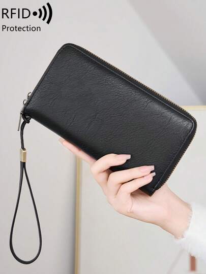 FOREVER MIYIN Vintage Large Capacity Double Zipper Pocket Long Clutch Wallet Cellphone Wallet For Man And Women With Removable Wristlet Strap & Grip Hand Strap For Credit Card, Cash, Coin, Bill,Cell Phone,RFID Blocking Wallet Multi-Function Multiple Card Slots Zipper Wallet Large Capacity Credit Card Holder For Shopping Travel