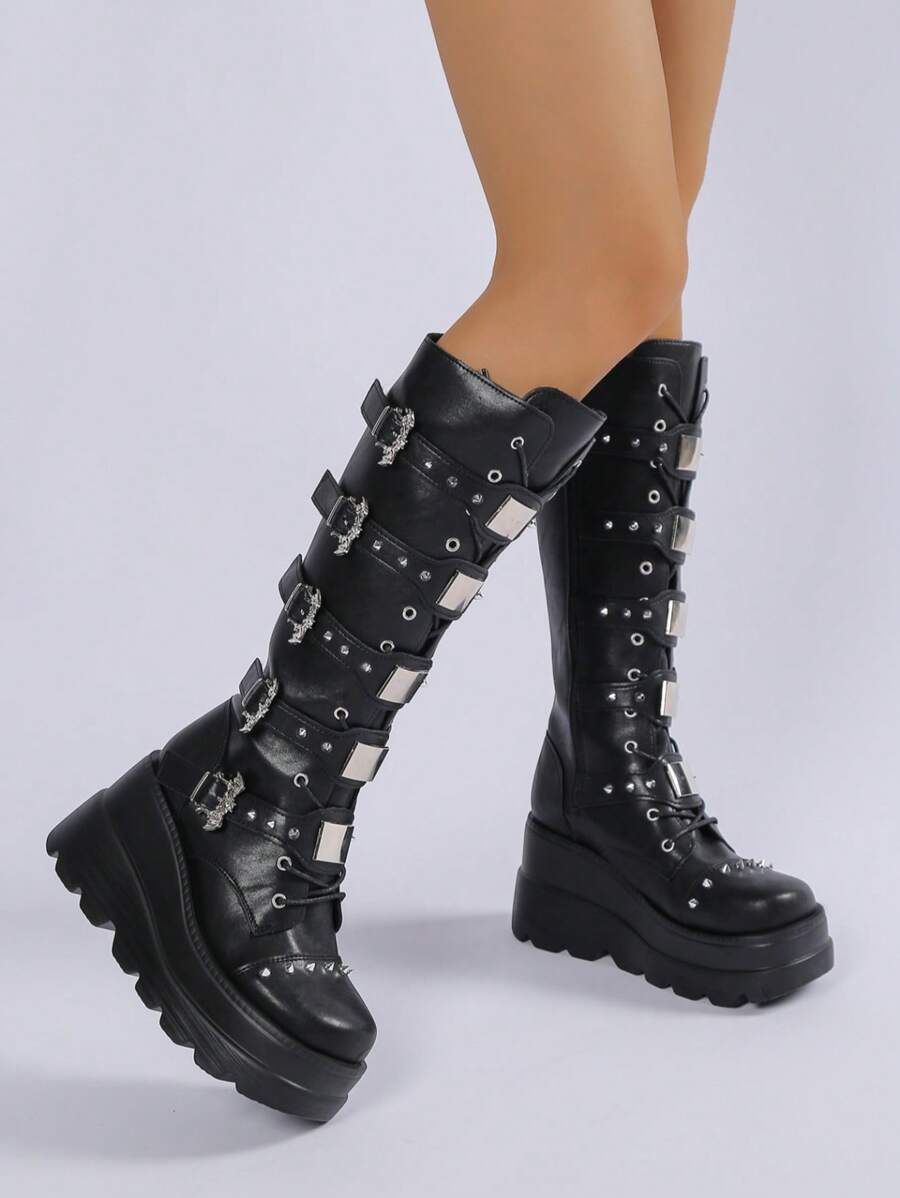 Women's Pink Round Toe Thick Sole High Heel Tall Boots, Lace-Up Elastic Fashion Boots For Autumn/Winter,Y2k Shoes,Party Outfits - Black - View 1