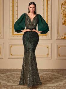 UNITHORSE Elegant V-Neck Chiffon Lantern Sleeve Ombre Sparkling Ruched Waist Bodycon Formal Evening Gown, Party Dress, Wedding Guest Dress, Evening Dress, Bride Dress, Birthday Women Outfits, Graduation Dress, Fall Women Clothes