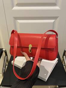 Fashionable, Minimalist, Casual PU Flap Underarm Bag. Suitable For Shopping, Wallet, Student, Young Women, Career Women. Ideal For Office, University, Work, Business, Commuting, Outdoor Activities, Travel And Picnic. Vintage Faux Oilskin Flap Decor Women's Shoulder Underarm Bag, Suitable For Dates, Outings, Gatherings - Red - View 3