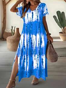 Rochie de damă Plus Size, casual, cu decolteu în V, mânecă scurtă, imprimare Tie-Dye, cu crăpături la tiv - Albastru - Vizualizare 1