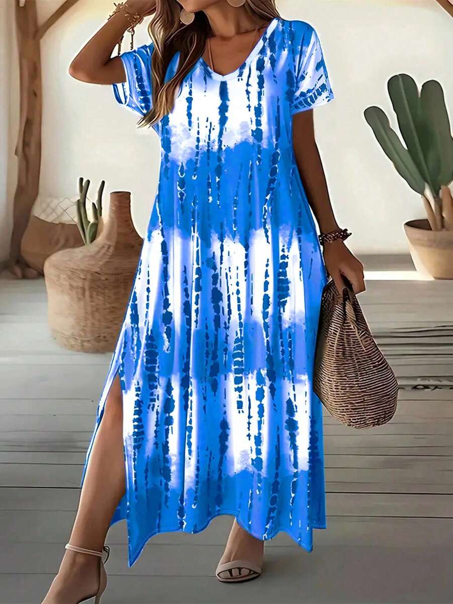 Rochie de damă Plus Size, casual, cu decolteu în V, mânecă scurtă, imprimare Tie-Dye, cu crăpături la tiv - Albastru - Vizualizare 1