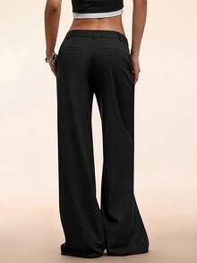 CharmGlow Simple Deep Gray Straight Leg High-Waisted Wide-Leg Women's Trousers - Black - View 2