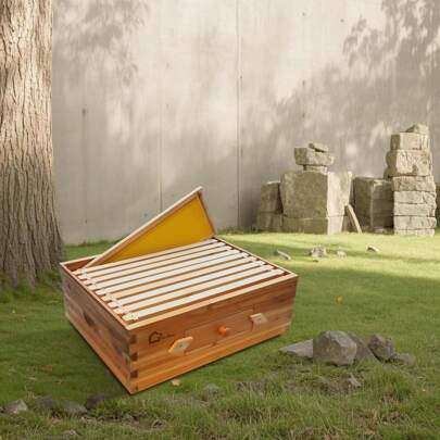 10 Rahmen mittelgroßer Bienenkasten mit Rahmen und Fundament, mit Bienenwachs beschichtete Bienenstöcke für Imker, Imkereibedarf mit Fenster