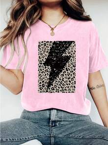 Womens Lightning Print Loose Oversized T-Shirt For Women - Casual Polyester Knit Fabric With Round Neckline, All-Season Comfort, Festive Holiday Top, 1 Piece, 200gsm - 粉紅色 - 查看 1