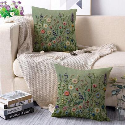 1/2 piezas Funda de almohada con diseño floral moderno, funda de cojín con patrón de plantas en verde claro/rosa/morado/amarillo, con cremallera oculta, decoración de sofá, almohada lumbar para juegos/automóvil, cojín de camping, lavable a máquina, regalo para fiestas, sin relleno de almohada