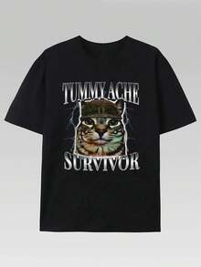 Tummy Ache Survivor Cat Meme Funny Saying Cats Animals T-Shirt Cotton T Shirt Men Crew Neck Short Sleeve Casual T-Shirt - Black - View 1