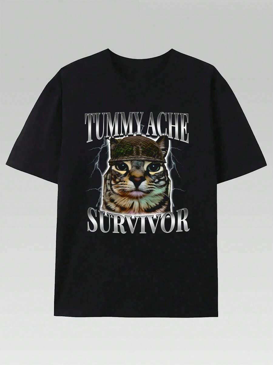 Tummy Ache Survivor Cat Meme Funny Saying Cats Animals T-Shirt Cotton T Shirt Men Crew Neck Short Sleeve Casual T-Shirt - Black - View 1