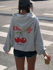 1pc Tween Girl Cherry Print Pullover Sweatshirt, Casual, Loose Fit, Warm Thermal Lined, Suitable For Students And Young Tween Girl In Autumn/Winter - Fun And Colorful Sweatshirt To Inspire Imagination In Every Child - Grey - View 7