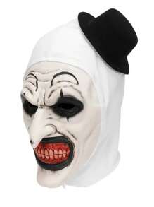 [Maschera da Pagliaccio di Ognissanti] Maschera da pagliaccio in lattice sintetico con cappello, 1 pezzo. Accessorio per costume da horror con testa intera per eventi di case infestate, rappresentazioni teatrali e feste a tema horror. Design sinistro da pagliaccio con dettagli di schizzi di sangue, cappuccio in tessuto bianco con bordi neri