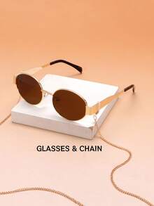 1副复古椭圆形时尚眼镜，女士小金属框时尚眼镜，沙滩配饰，基础款，适合秋冬季女士穿着、商务休闲、送礼、Y2K音乐节、夏季海滩度假、户外旅行、返校季等场合。 - 金框茶片+鏈條 - 查看 3