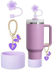 3pcs/2pcs Accessories Designed For 30-40oz Cups: Purple Cup Letter Markers & Silicone Lotus Flower Straw Caps, Silicone Anti-Drop & Scratch Protective Sleeve, Reusable Silicone Straw Cap For 10mm Wide Straw, Cute Letter Decor, Suitable For Modern Minimalist Glass Cups, Mother's Day Gift - Purple - View 42