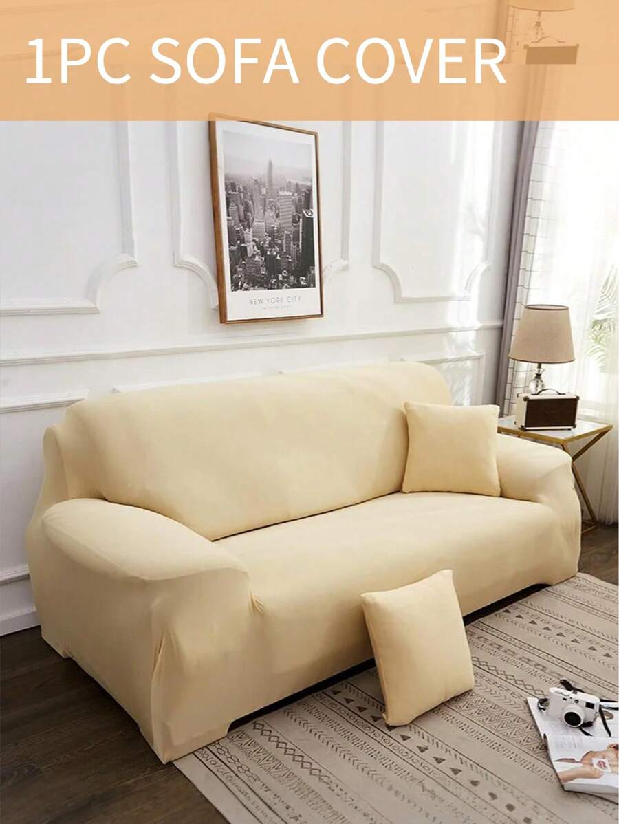 1pc Solid Color Sofa Cover, Elasticity Sofa Protector, Style Anti-Slip Design, Soft, Comfortable And Breathable, All Size, Suitable For All Seasons And Theme, Washable Sofa Cushion Cover