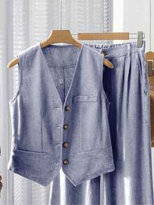 Women's Casual Summer Vacation Linen-Look Sleeveless Blazer & Wide Leg Pants Set