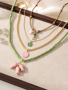 4 件波西米亚鱼、花、爱心吊坠多层项链套装，彩色编织绳项链适合女性节日派对佩戴 - 彩色 - 查看 2