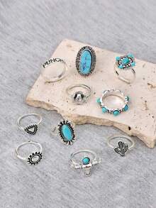 10 piezas Anillos apilables de aleación de zinc con estilo bohemio vintage, con incrustaciones de cactus y turquesa para mujeres - Plata antigua - Ver 3