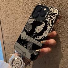 Black Tone Guitar Girl Pattern Phone Case, Personalized Compatible With IPhone 16 Pro Max, 15/14 Plus, 13, 12, 11 Protective Cover - Black Frame, Sand Grey - View 4