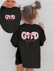 T-shirt à manches courtes avec imprimé graphique de slogan amusant pour jeune fille, décontracté pour l'été - Noir - Voir 1