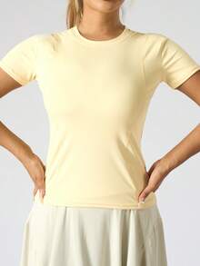 女式基本款修身短袖 T 恤、瑜伽上衣、紧身健身跑步瑜伽 T 恤 - 黃色 - 查看 3