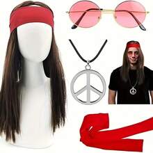 Men's Decorative Wig Set-Wigs, Necklaces, Glasses And Tie-Dye Headbands-Ideal For 70s, 80s And Parties-Disco Style Costumes, Costumes Retro Night Party Dress Up - Multicolor - View 2