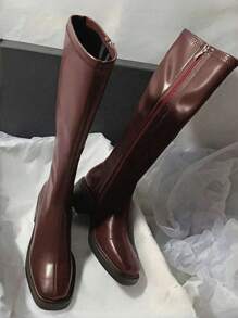 Fall/Winter 2025 Chunky Heel Square Toe Solid Color Elastic Slim Over-The-Knee Boots - Burgundy - View 6